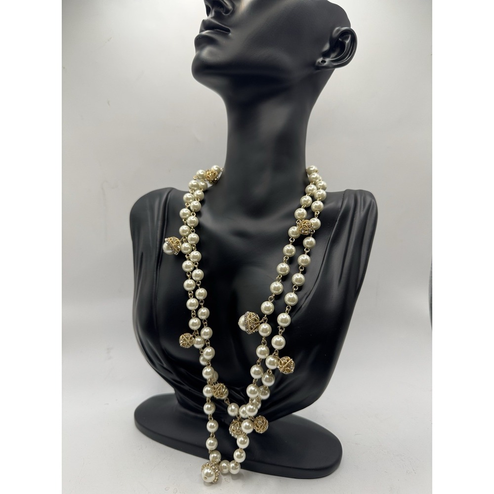 Charter Club Faux Pearl Long Necklace Gold Bead Statement NWT
